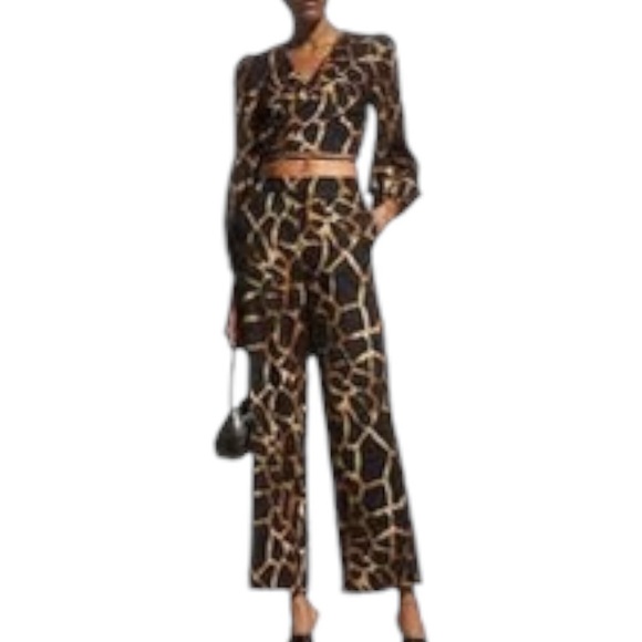 MILLY Wynona Giraffe Printed Wrap Tie Waist Puff Sleeve Cropped Linen Blouse - S - Picture 16 of 16